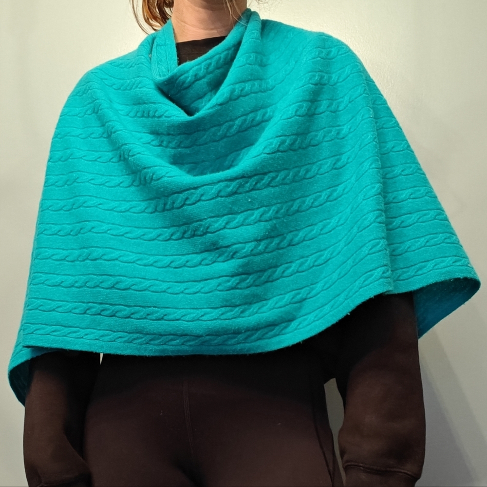 VTG Cashmere Wool Blend Cowl Neck Poncho Shawl Wrap Cable Knit Teal Women's OS‎